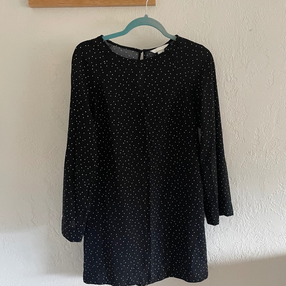 H&M black polka dot swing dress bell sleeve size XS
